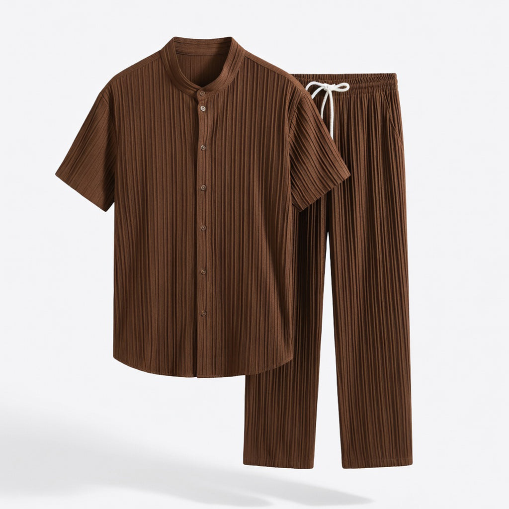 Ensemble homme été coton rayé tenue deux pièces chemise manches courtes pantalon