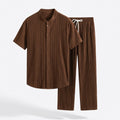 Ensemble homme été coton rayé tenue deux pièces chemise manches courtes pantalon