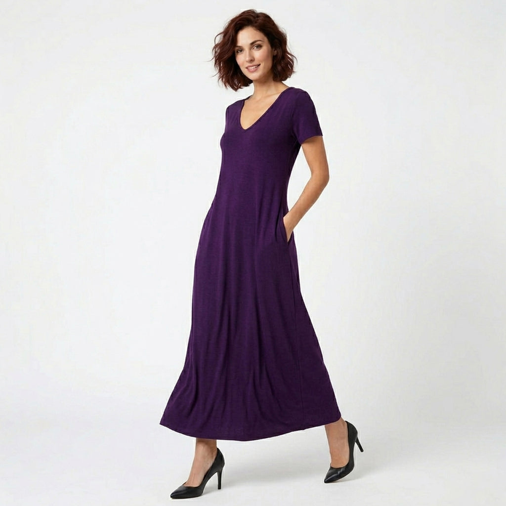 Robe longue manches courtes femme coton été robe maxi décontractée poches