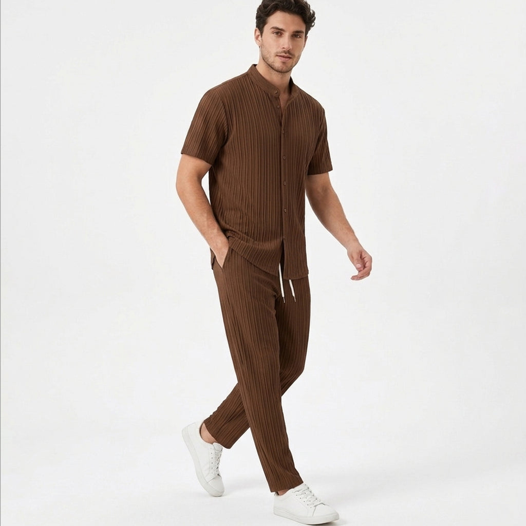 Ensemble homme été coton rayé tenue deux pièces chemise manches courtes pantalon