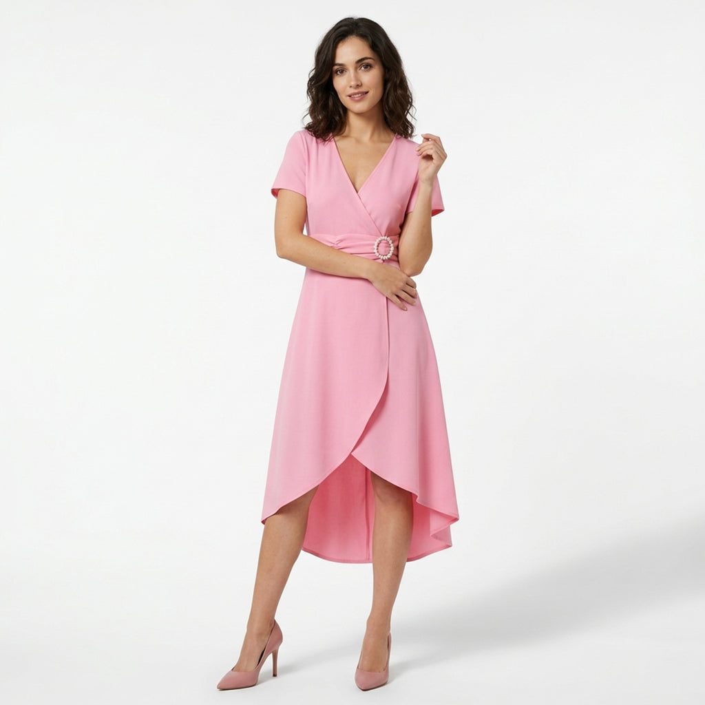 Robe élégante femme coton col V été robe ajustée asymétrique taille nouée
