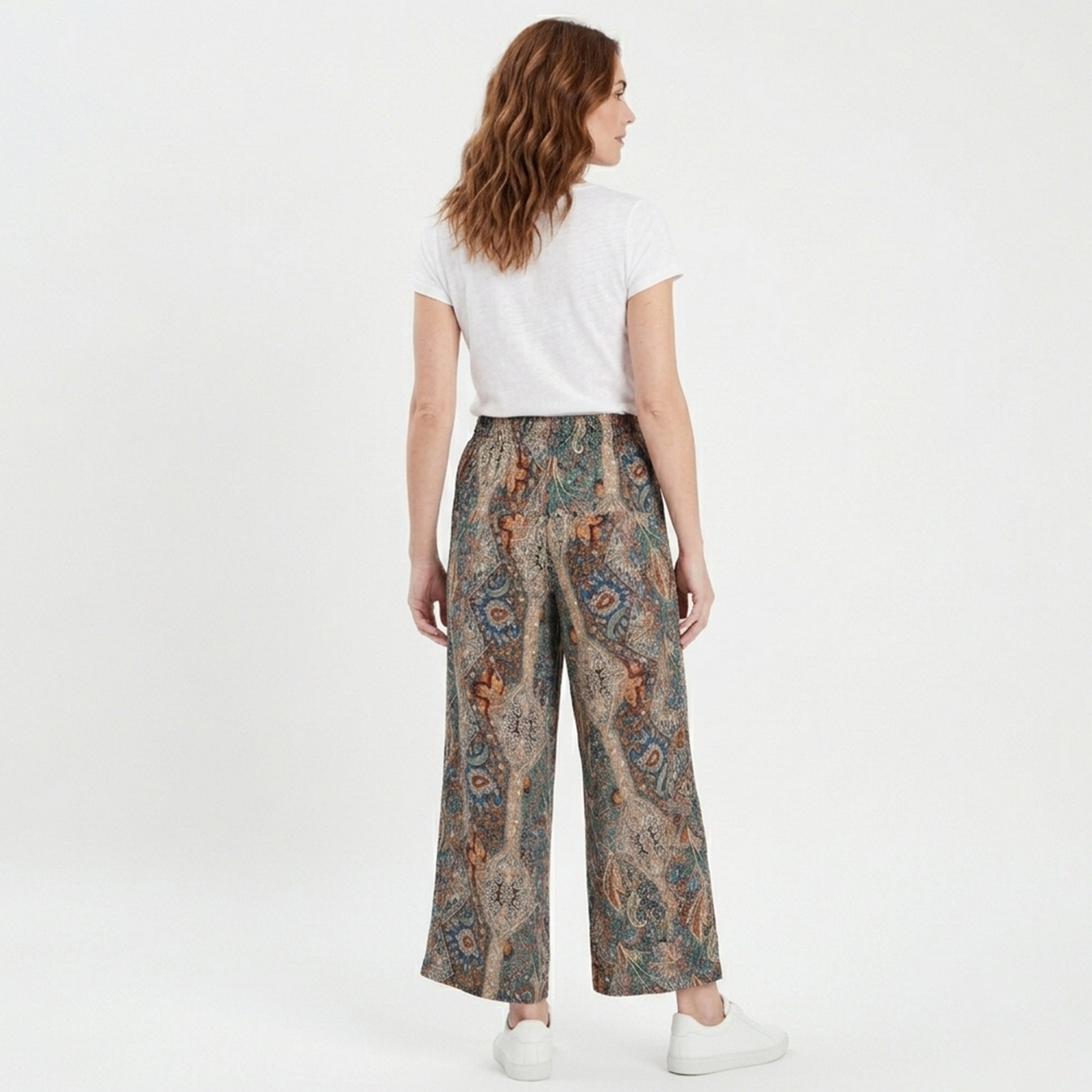Pantalon large femme taille haute élastique en coton style bohème pour printemps-été