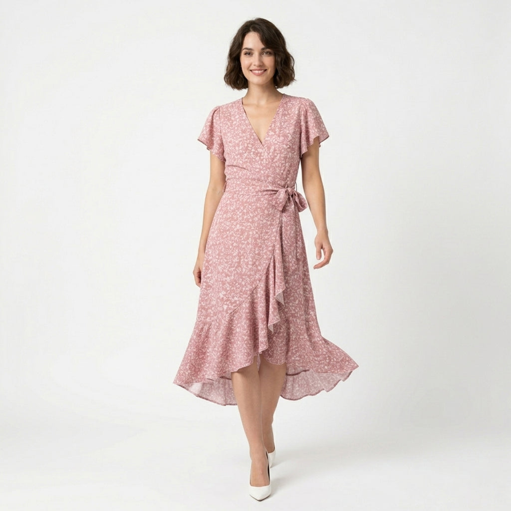 Robe élégante col V manches courtes femme coton printemps été robe chic