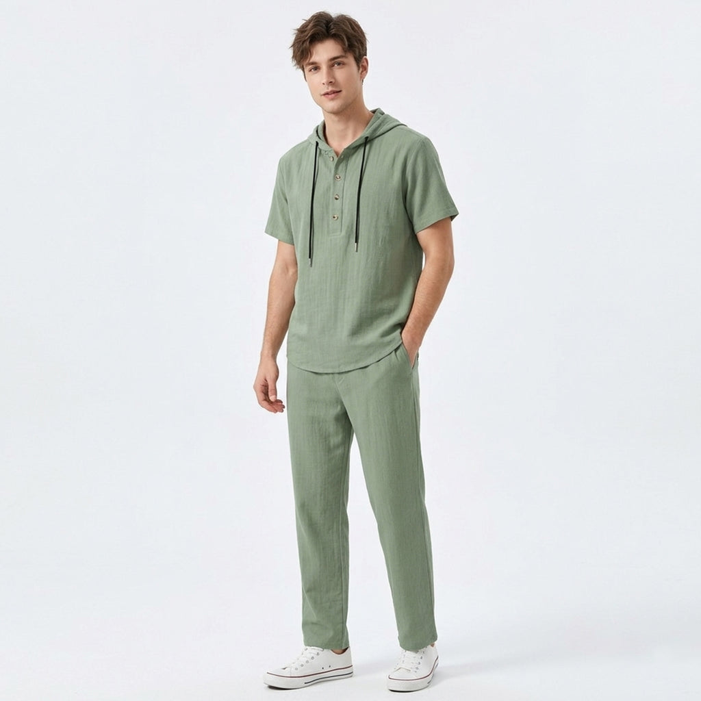 Ensemble homme chemise à capuche et pantalon lin décontracté été ensemble homme casual lin