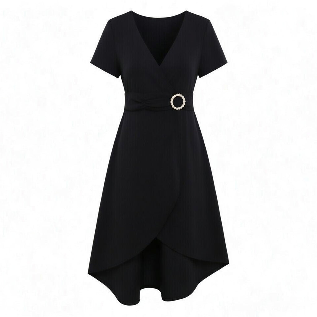 Robe élégante femme coton col V été robe ajustée asymétrique taille nouée