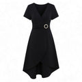 Robe élégante femme coton col V été robe ajustée asymétrique taille nouée