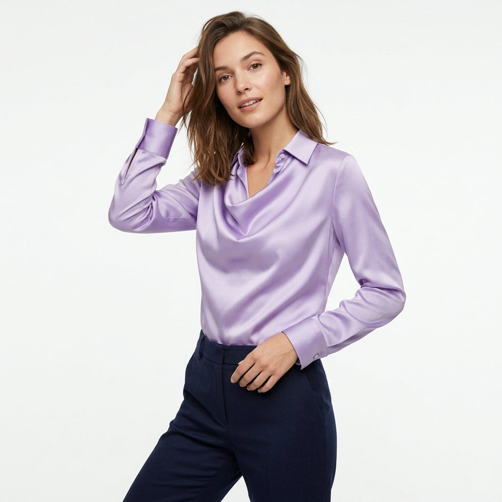 Chemisier femme satin été col drapé élégant coupe fluide