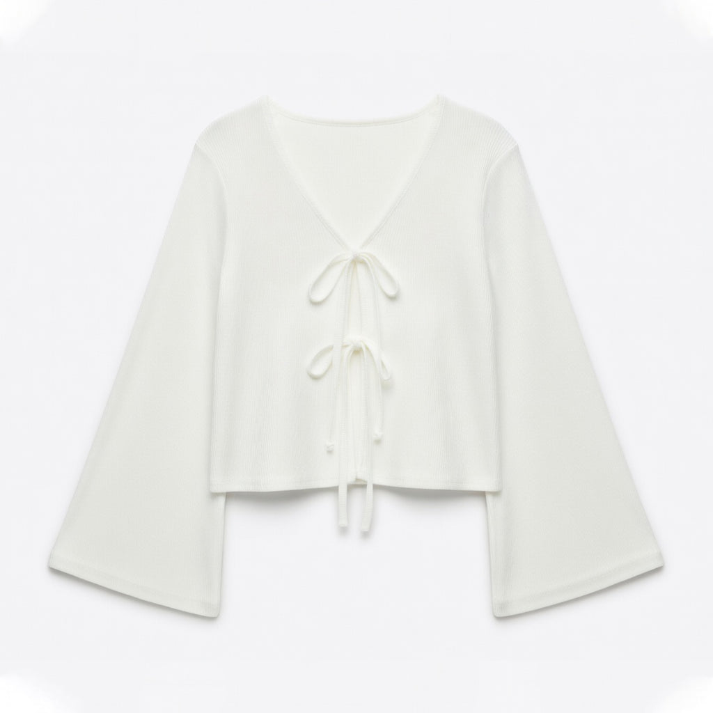 Chemisier femme en coton manches cloche noué devant pour printemps-été