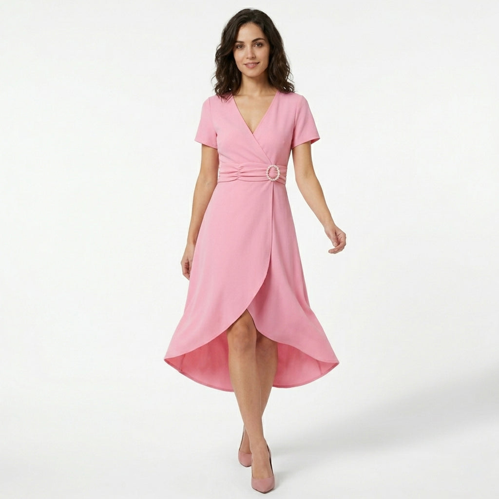 Robe élégante femme coton col V été robe ajustée asymétrique taille nouée