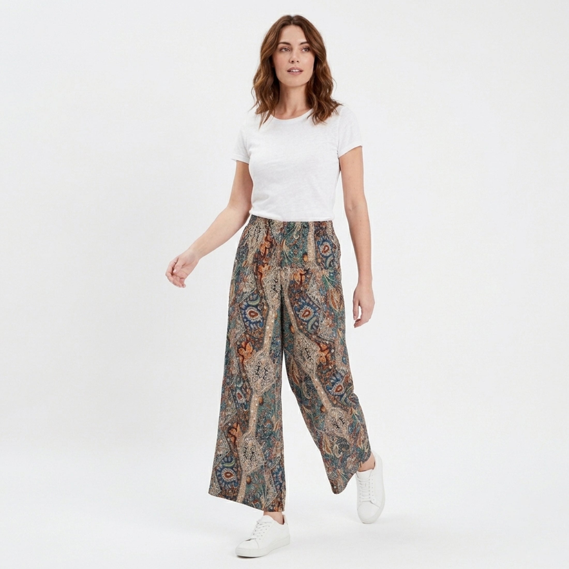 Pantalon large femme taille haute élastique en coton style bohème pour printemps-été