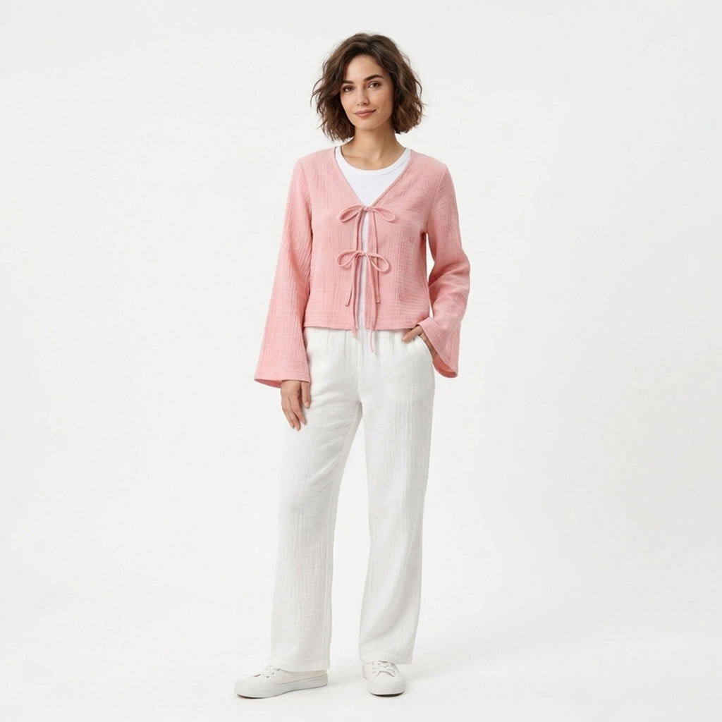 Chemisier femme en coton manches cloche noué devant pour printemps-été