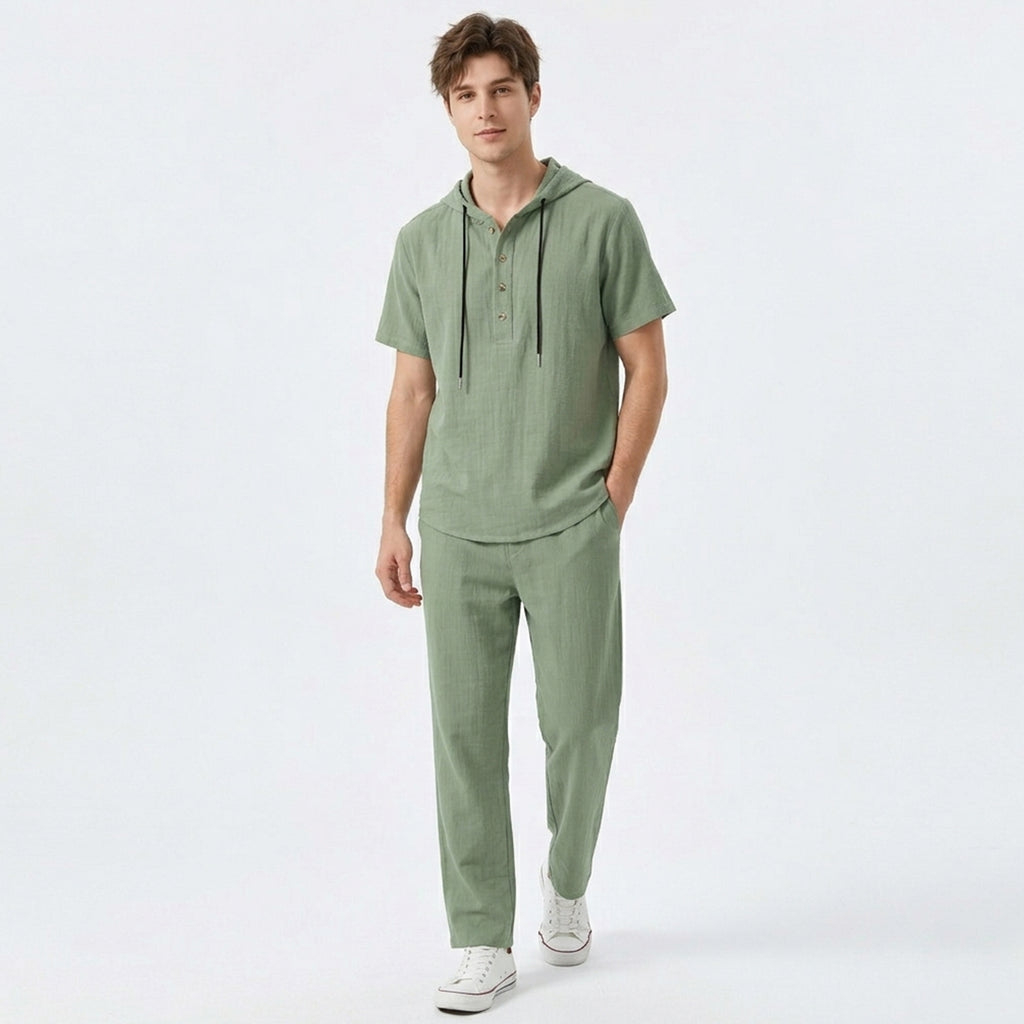 Ensemble homme chemise à capuche et pantalon lin décontracté été ensemble homme casual lin