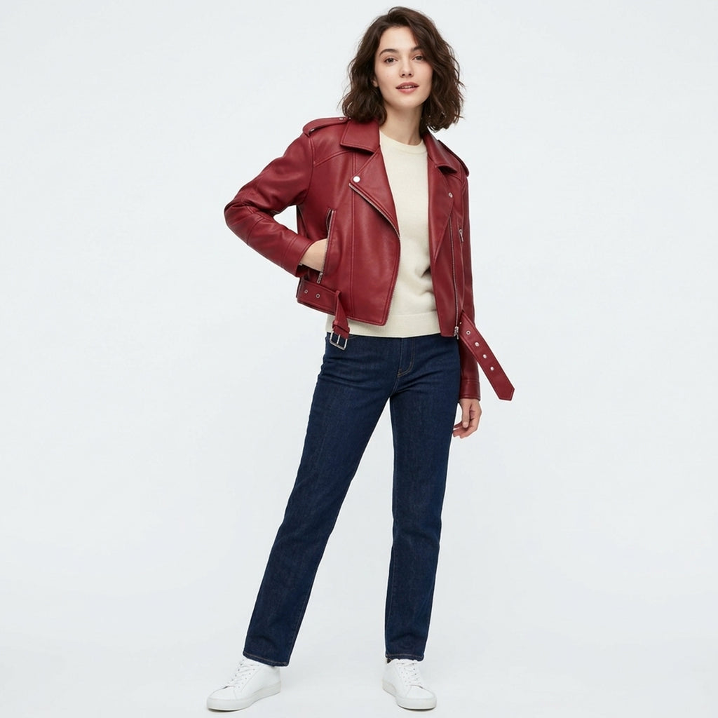 Veste en cuir femme pour printemps-été style motard élégant