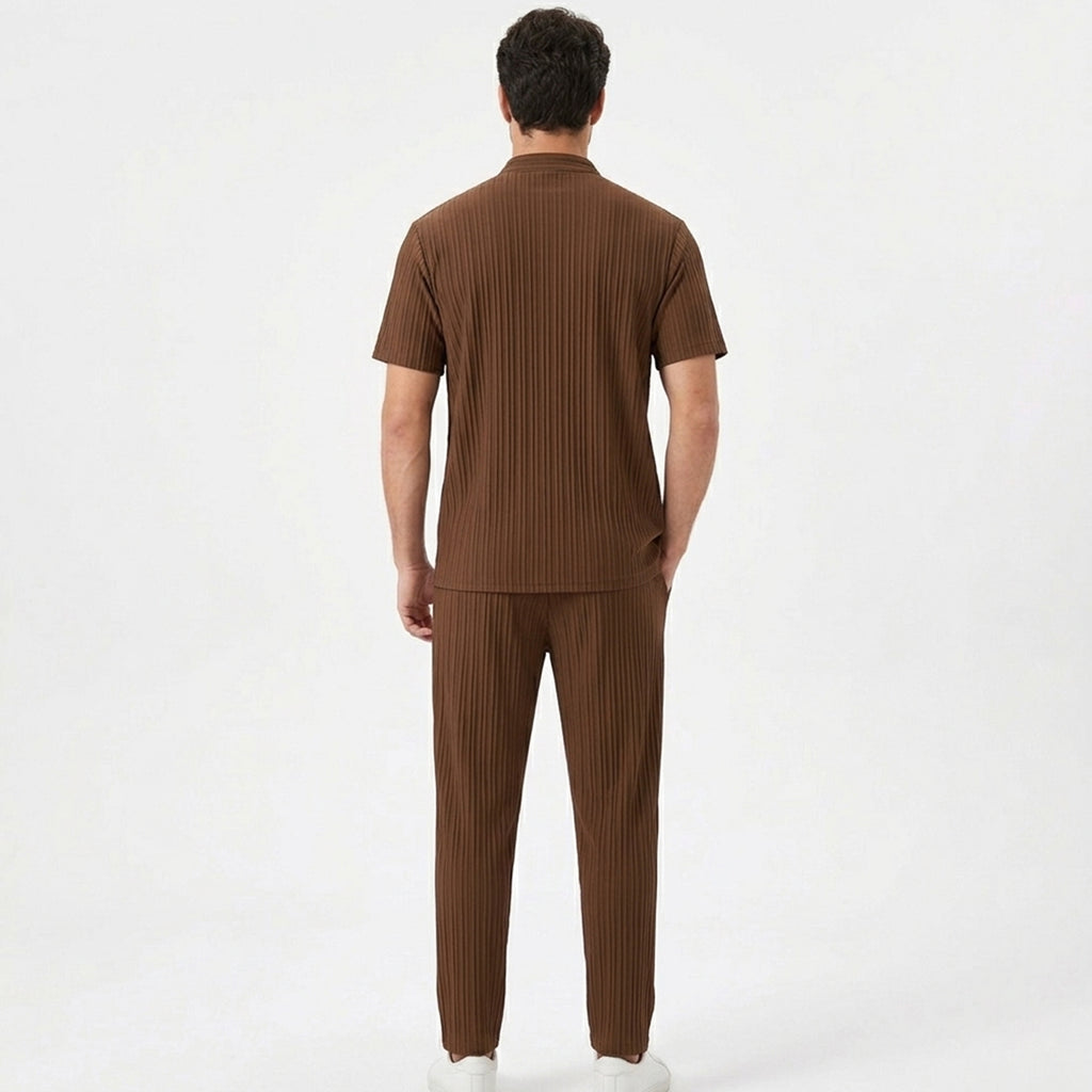 Ensemble homme été coton rayé tenue deux pièces chemise manches courtes pantalon