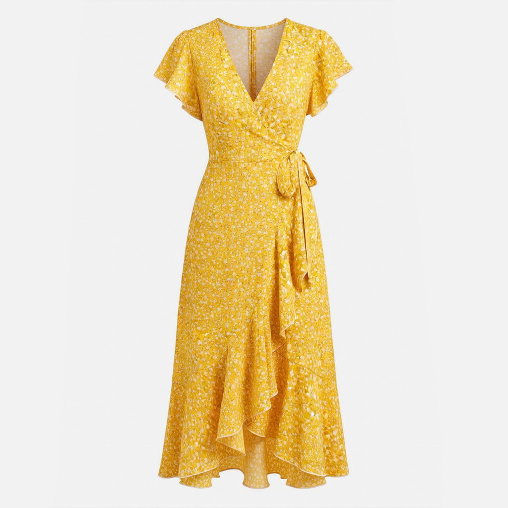 Robe élégante col V manches courtes femme coton printemps été robe chic