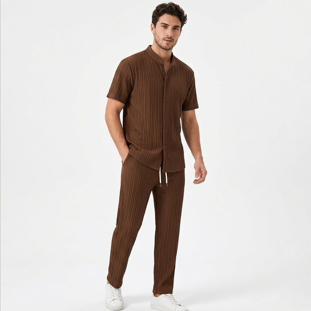 Ensemble homme été coton rayé tenue deux pièces chemise manches courtes pantalon