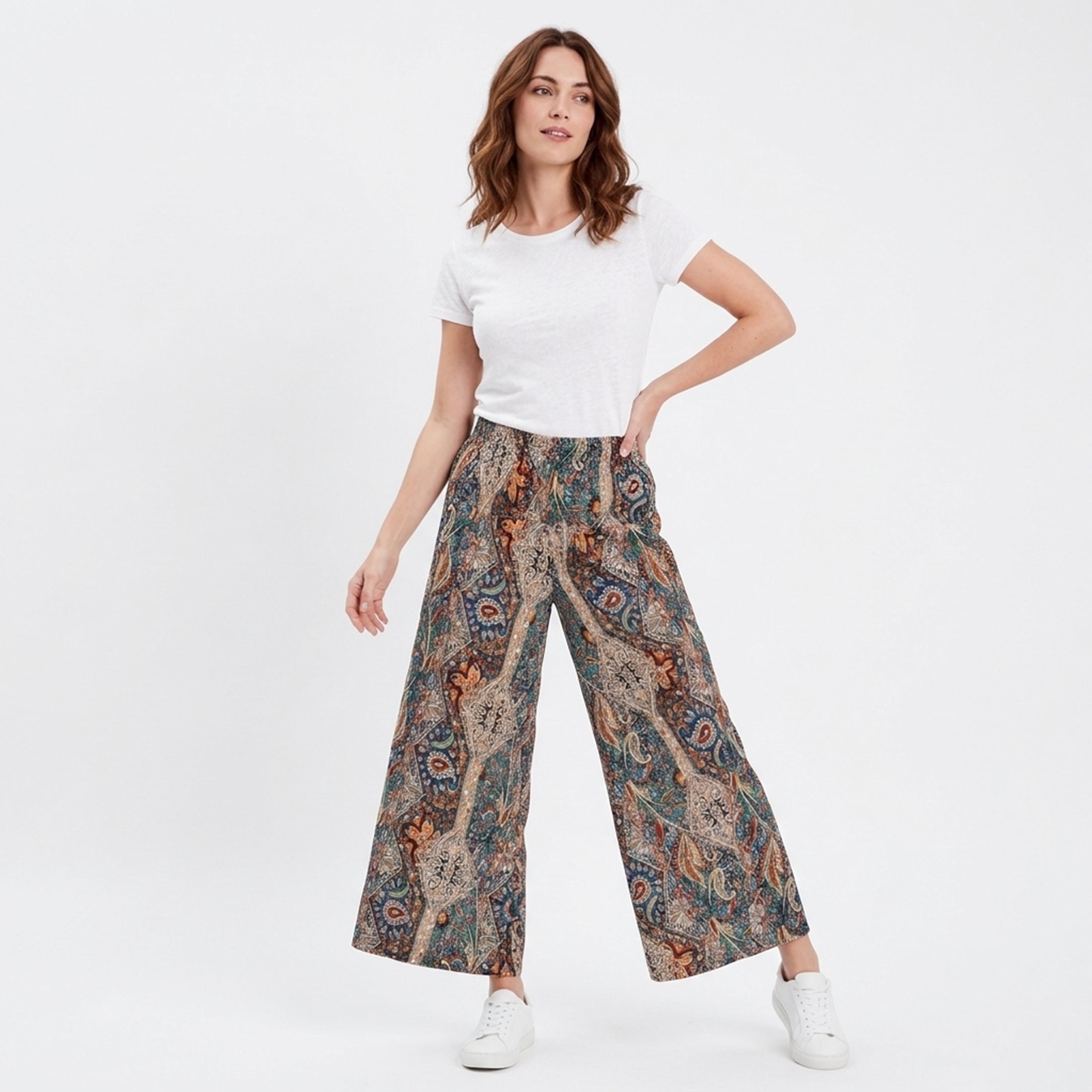 Pantalon large femme taille haute élastique en coton style bohème pour printemps-été