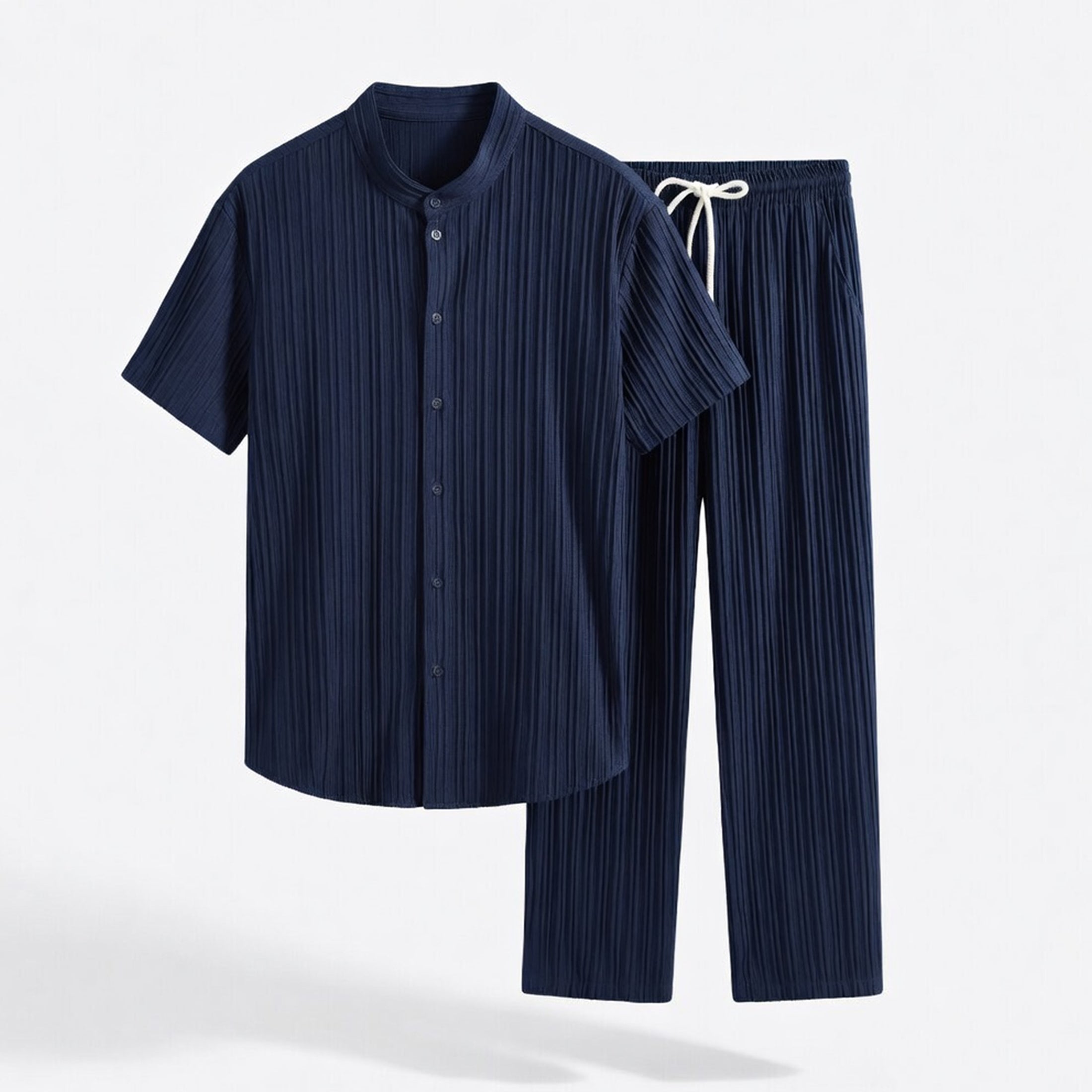 Ensemble homme été coton rayé tenue deux pièces chemise manches courtes pantalon