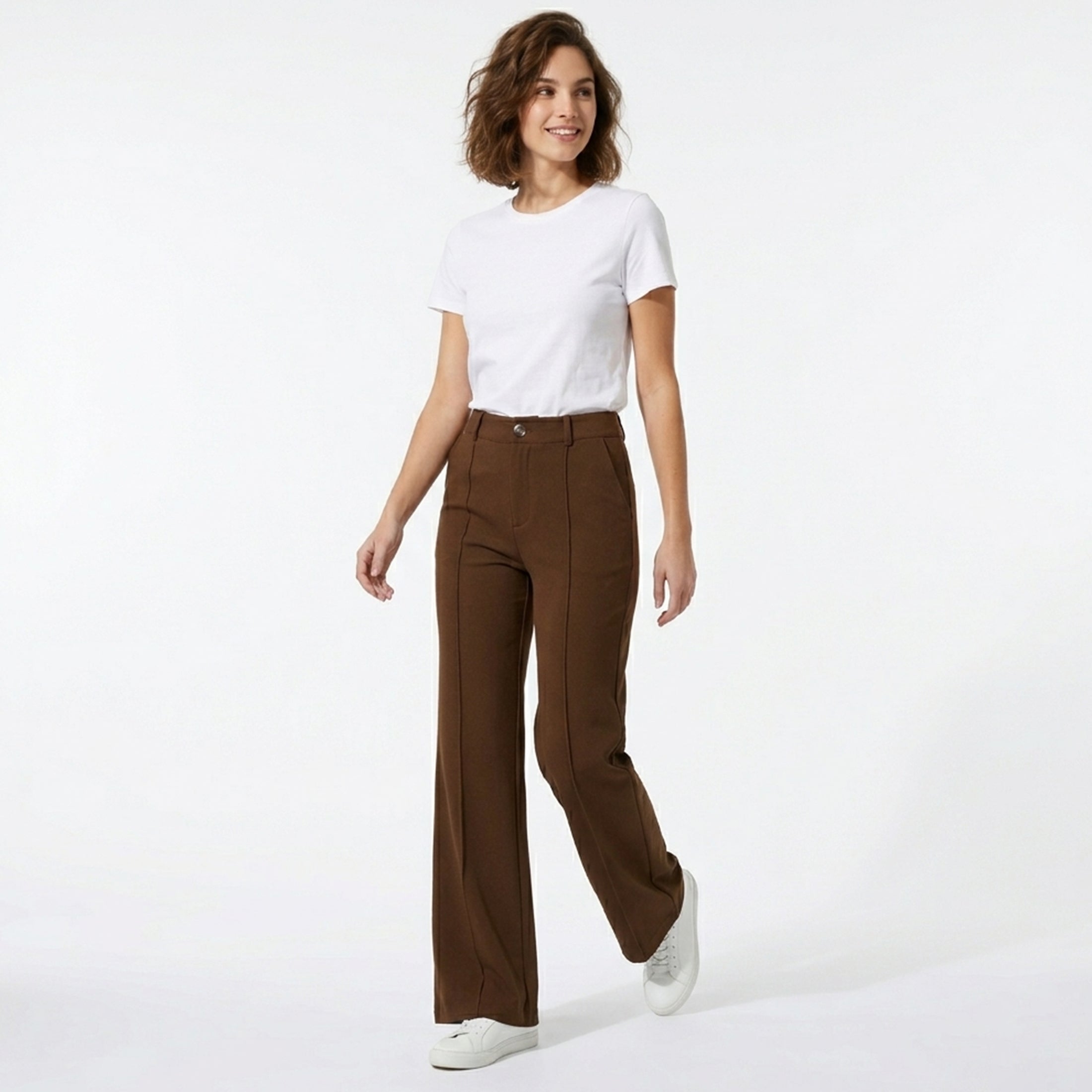 Pantalon taille haute droit femme en coton pour printemps