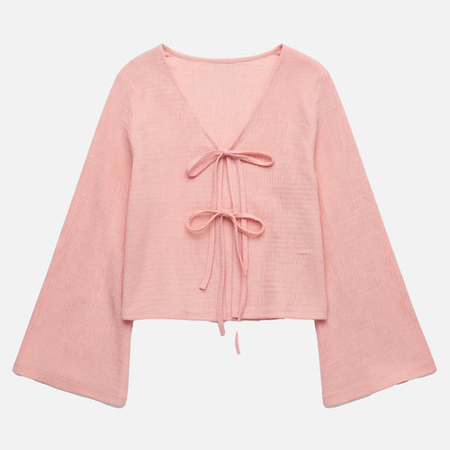 Chemisier femme en coton manches cloche noué devant pour printemps-été
