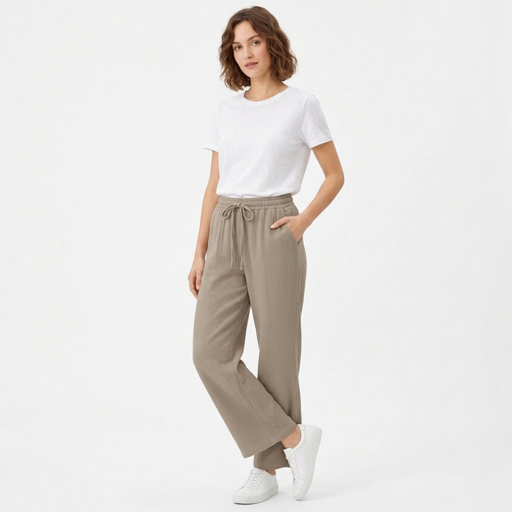 Pantalon large femme ceinturé coton printemps élégance quotidienne