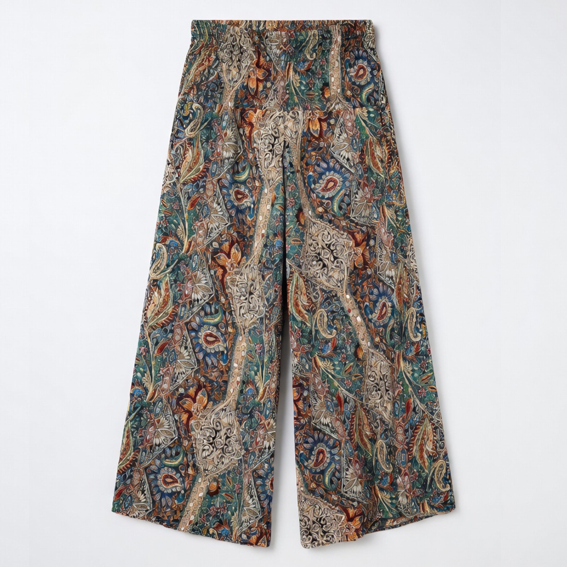 Pantalon large femme taille haute élastique en coton style bohème pour printemps-été