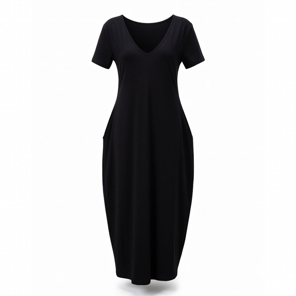 Robe longue manches courtes femme coton été robe maxi décontractée poches