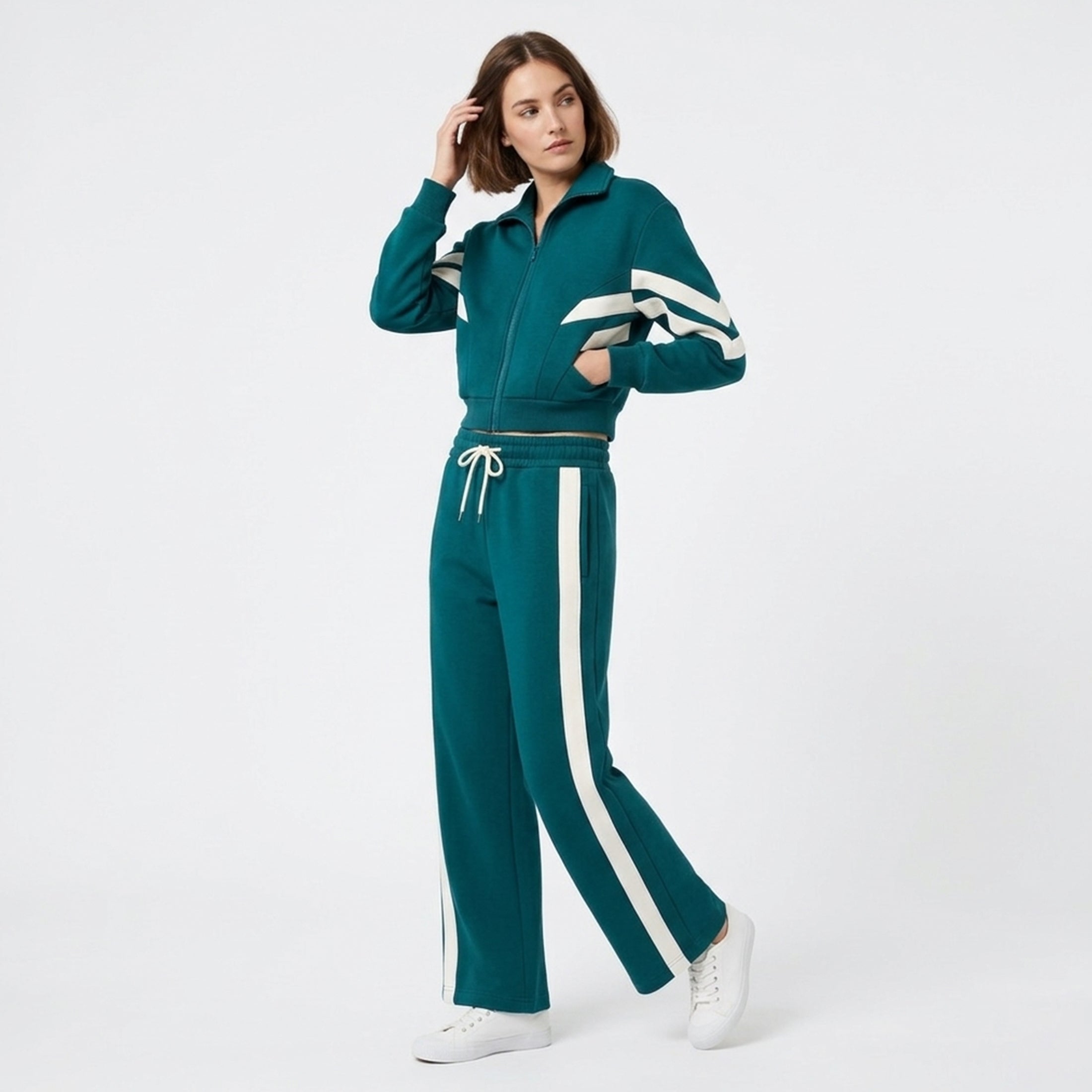 Ensemble femme coton printemps veste zippée pantalon large