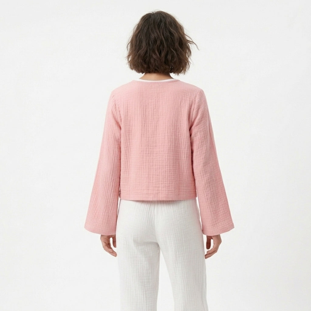 Chemisier femme en coton manches cloche noué devant pour printemps-été