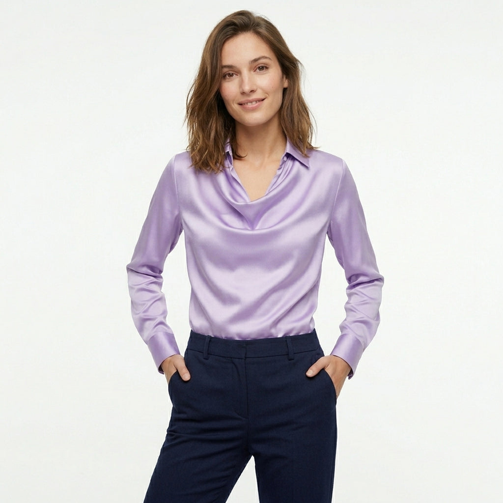 Chemisier femme satin été col drapé élégant coupe fluide