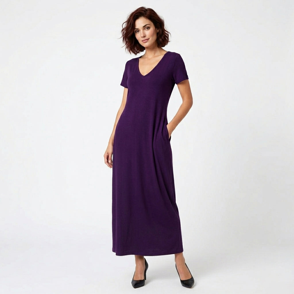 Robe longue manches courtes femme coton été robe maxi décontractée poches