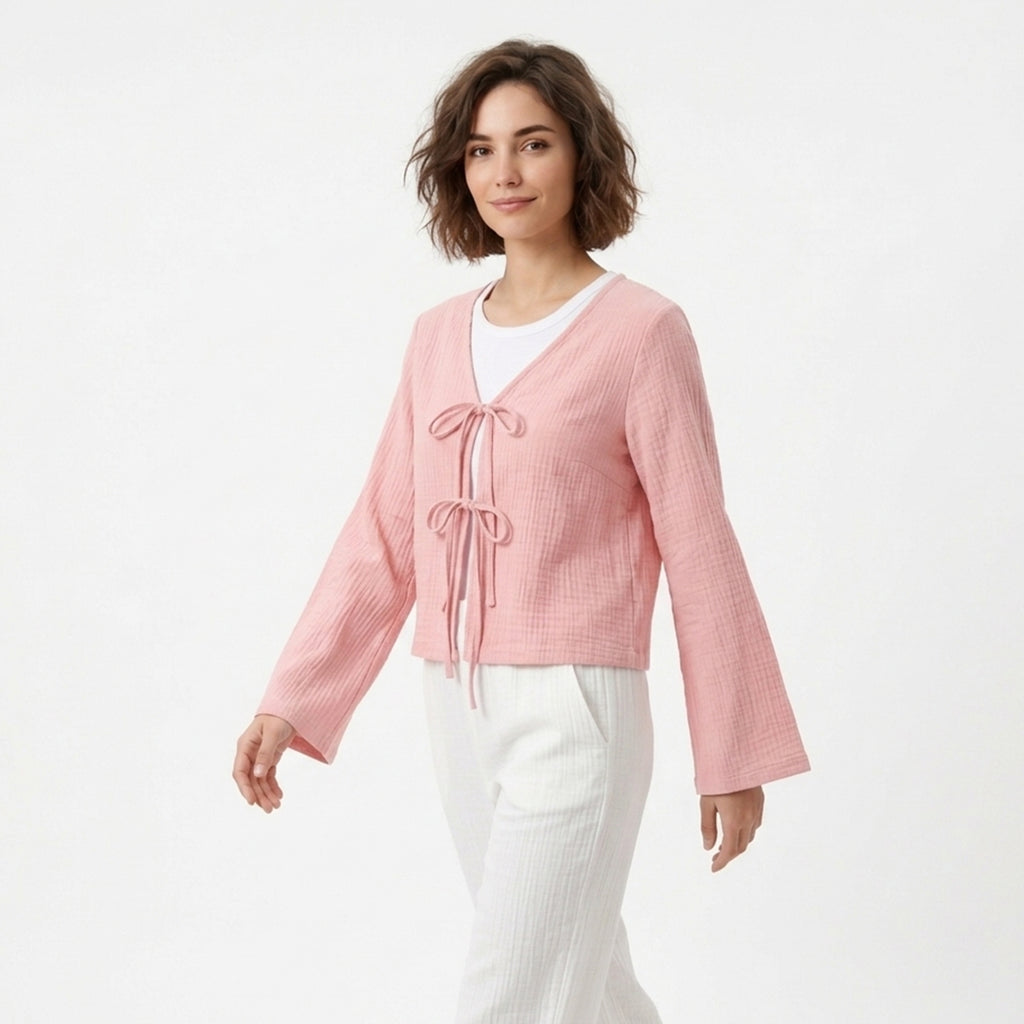 Chemisier femme en coton manches cloche noué devant pour printemps-été
